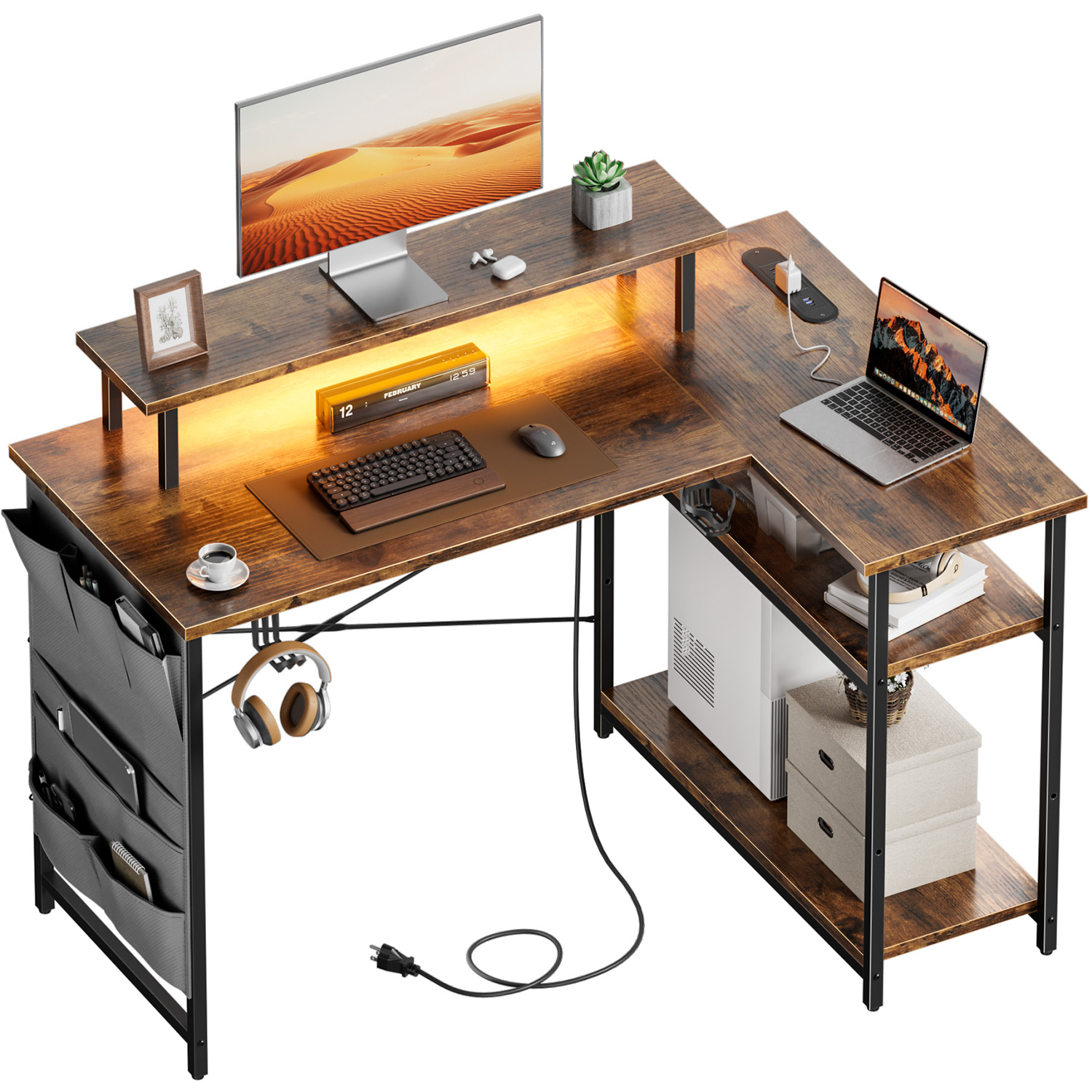 Office X Furniture - L Şeklinde Bilgisayar Masası, Elektrik Prizleri